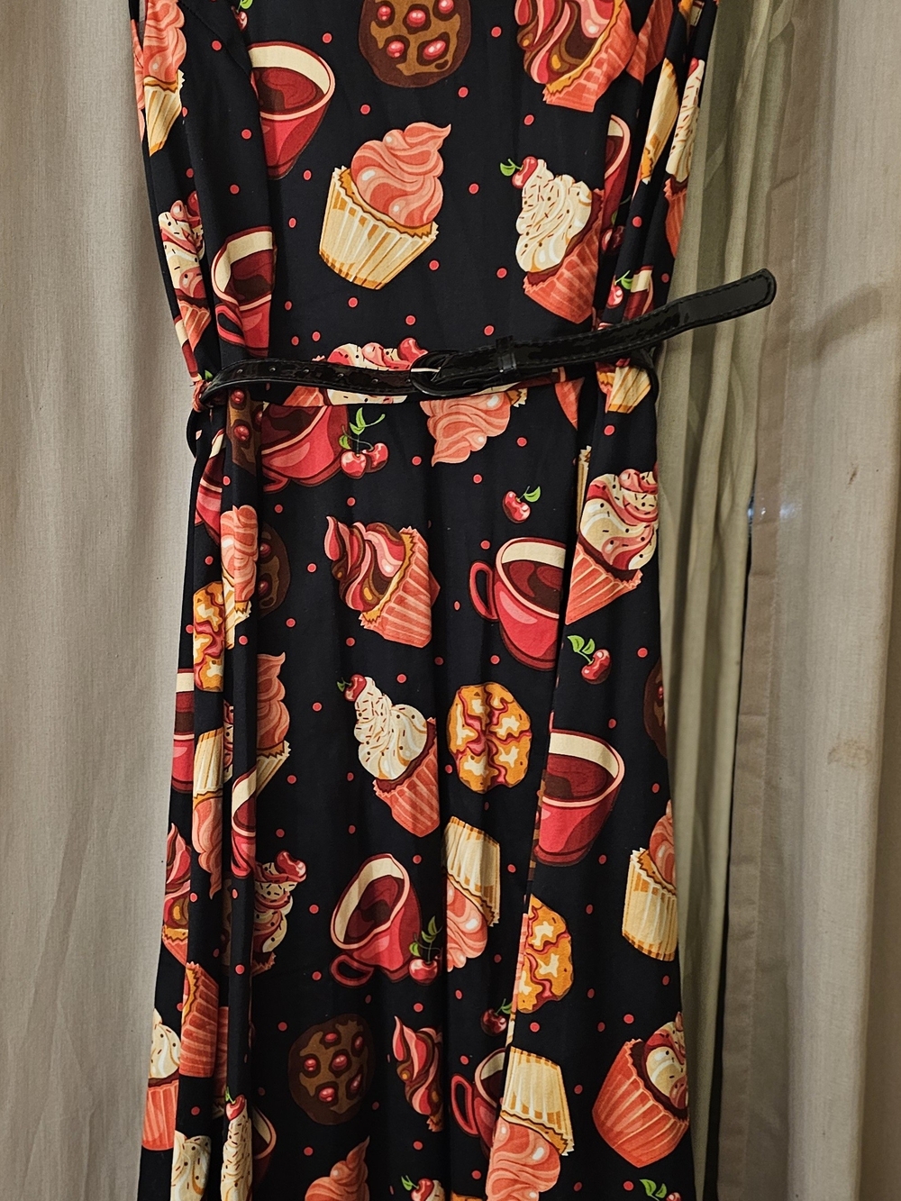 Playful Black Midi Dress with Cupcake & Coffee Print and Waist Tie